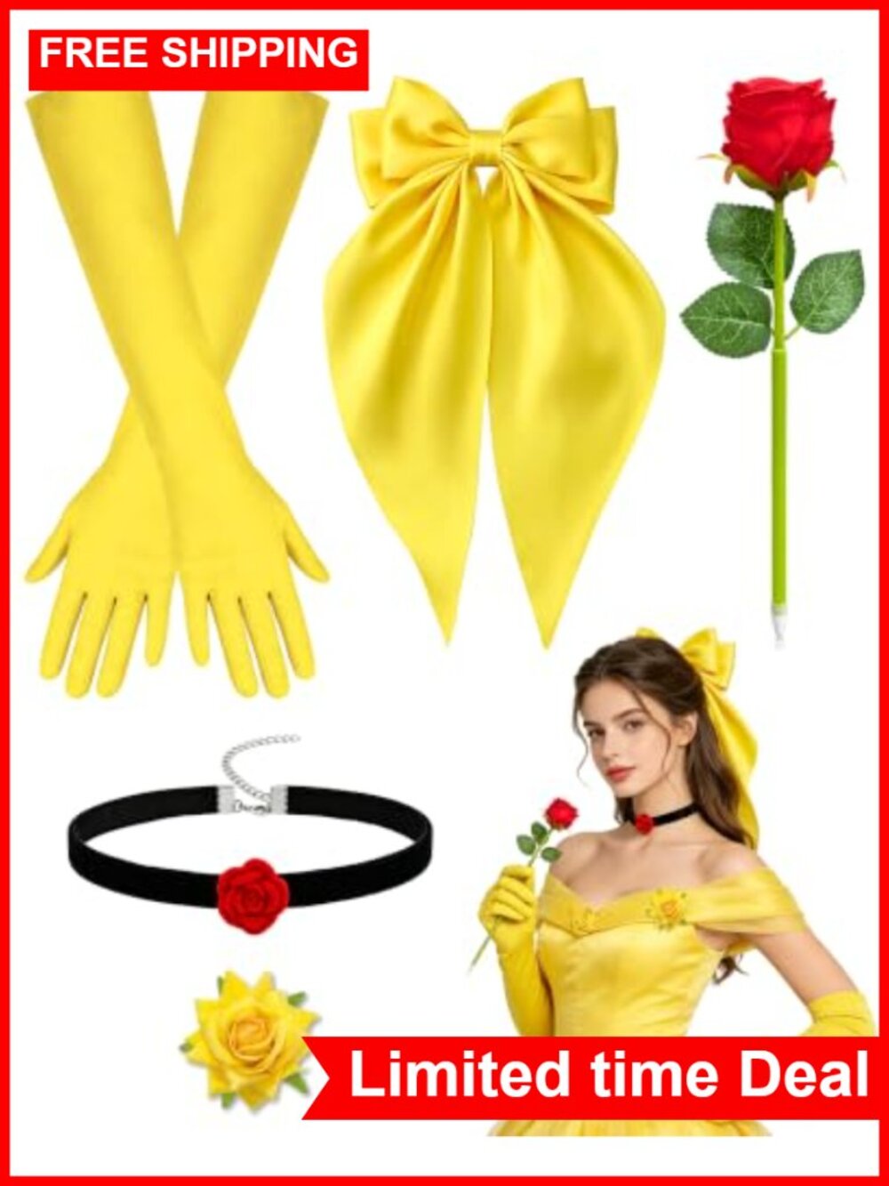 Princess Costume Accessory Set Satin Gloves Choker Bow Clip Brooch Brooch